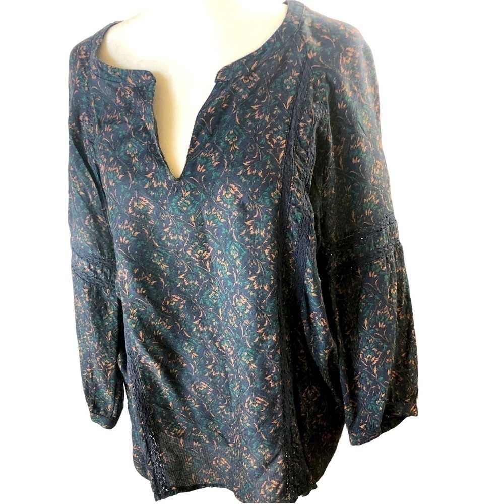 Caslon Popover Blouse Women M Navy Peach Green Botanical Print RoundNeck with V